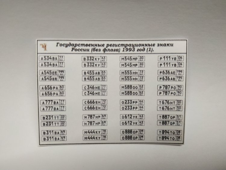 Государственные регистрационные знаки России (без флага) 1993 года (наклейки) kley-12(k114)